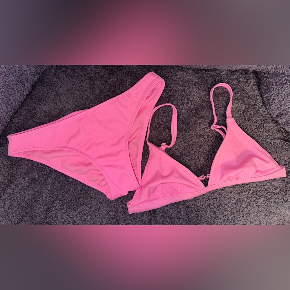 Pink Ribbed Triangle Bikini Set